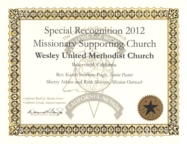 Wesley UMC's certificate of recognition for missionary covenant